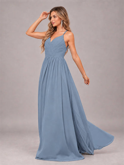 Dusty Blue Trendy V-Neck Spaghetti Straps Long Chiffon Bridesmaid Dress