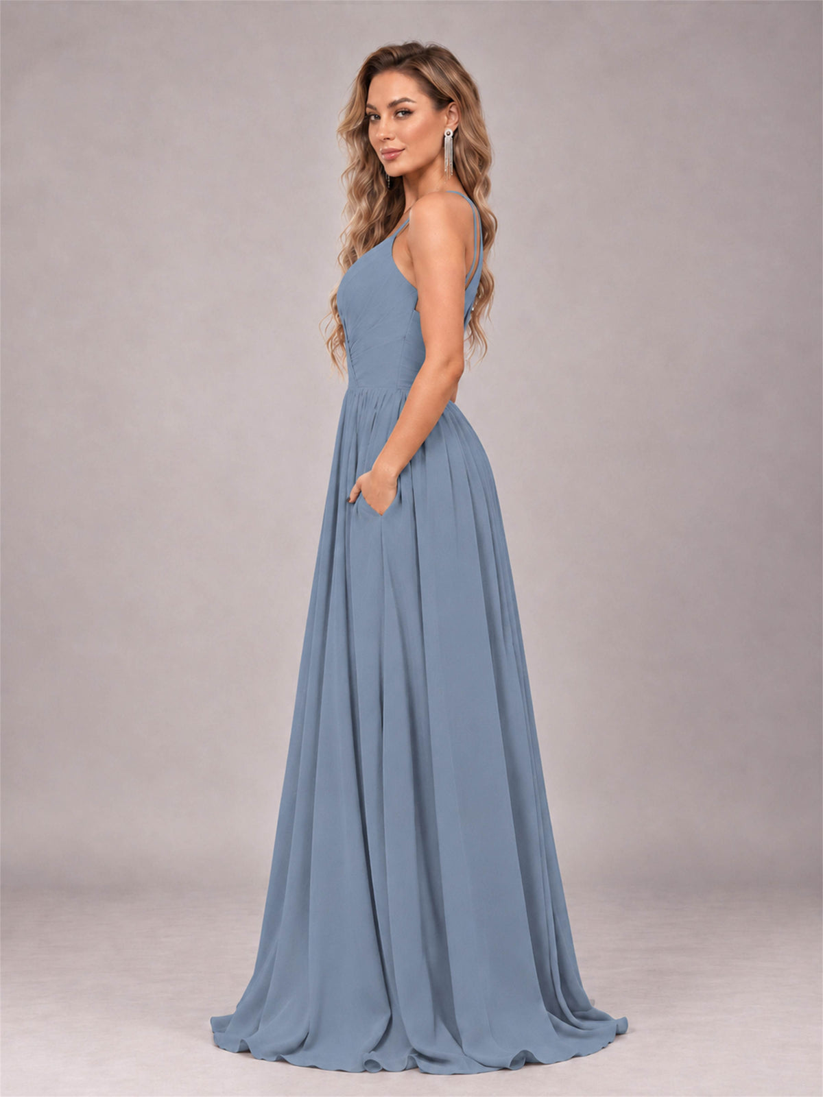 Dusty Blue Trendy V-Neck Spaghetti Straps Long Chiffon Bridesmaid Dress