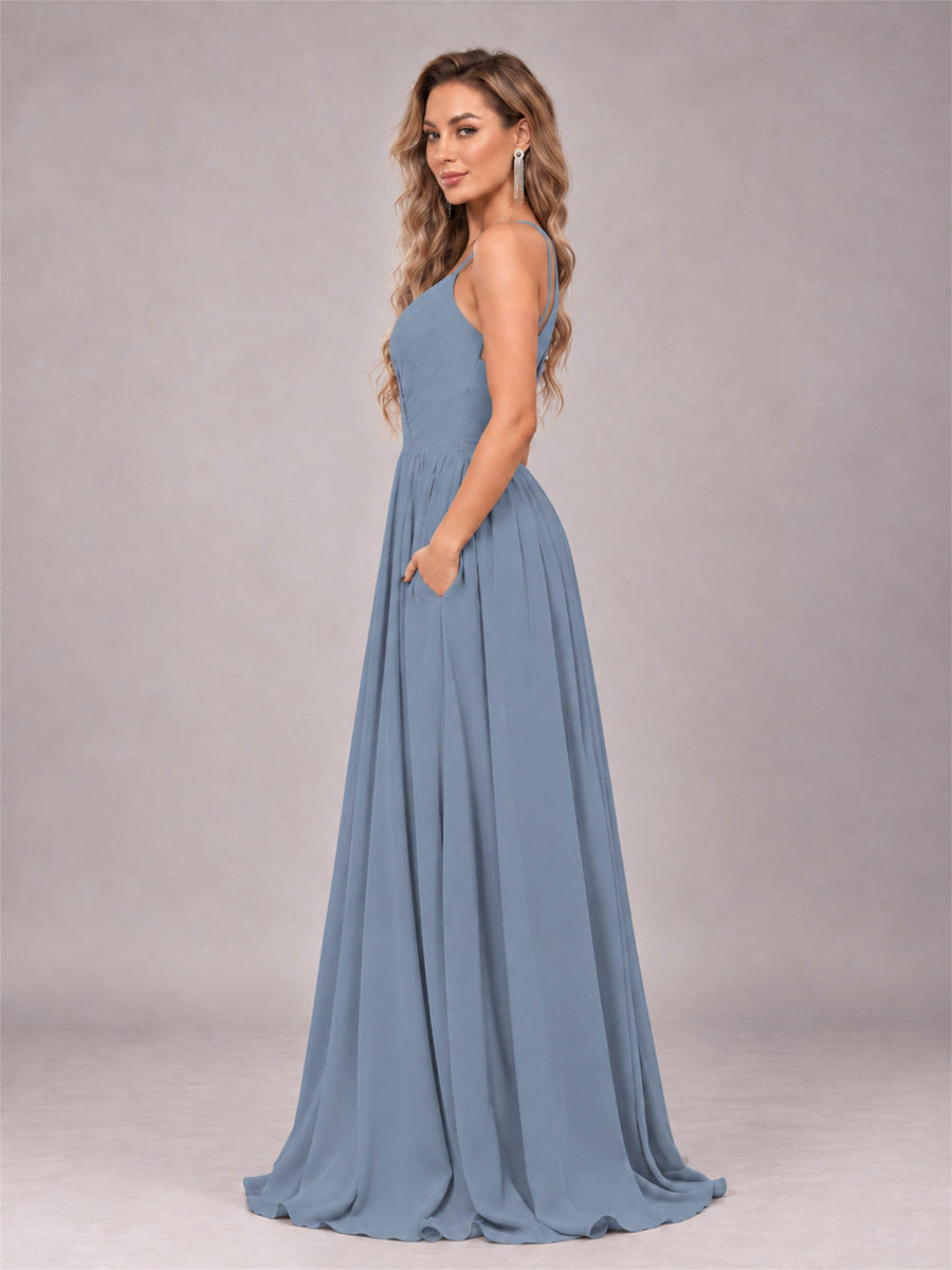 Dusty Blue Trendy V-Neck Spaghetti Straps Long Chiffon Bridesmaid Dress