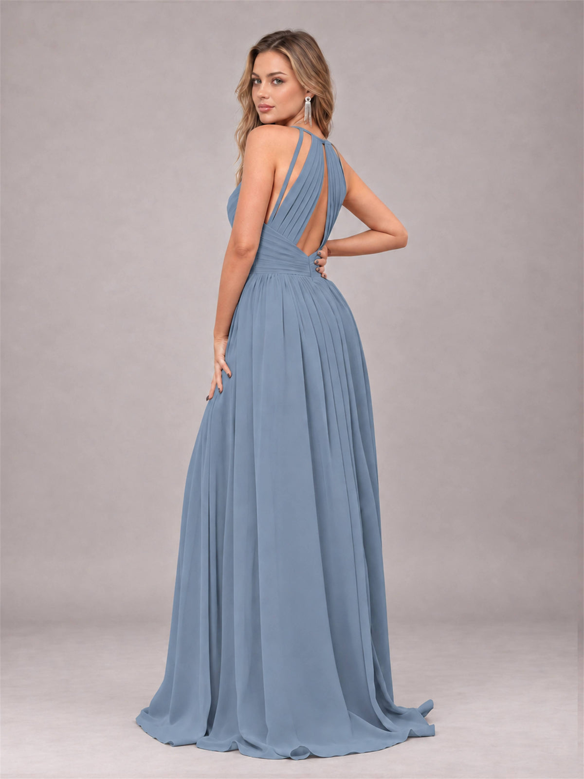 Dusty Blue Trendy V-Neck Spaghetti Straps Long Chiffon Bridesmaid Dress