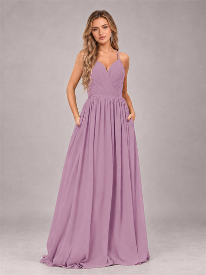Dusty Purple Trendy V-Neck Spaghetti Straps Long Chiffon Bridesmaid Dress