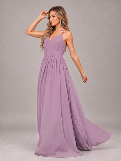 Dusty Purple Trendy V-Neck Spaghetti Straps Long Chiffon Bridesmaid Dress