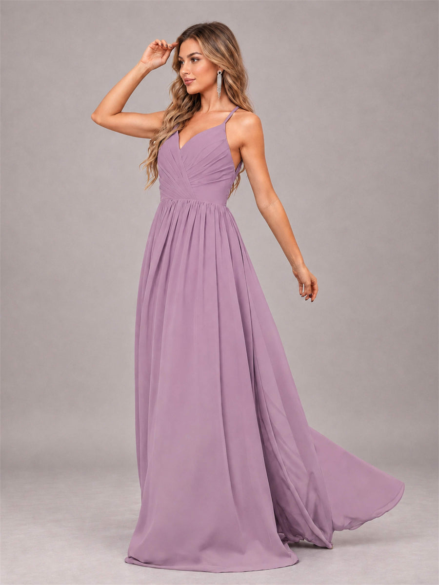 Dusty Purple Trendy V-Neck Spaghetti Straps Long Chiffon Bridesmaid Dress