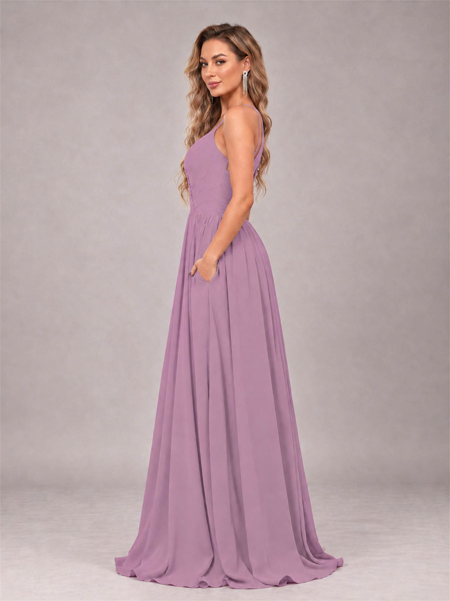 Dusty Purple Trendy V-Neck Spaghetti Straps Long Chiffon Bridesmaid Dress