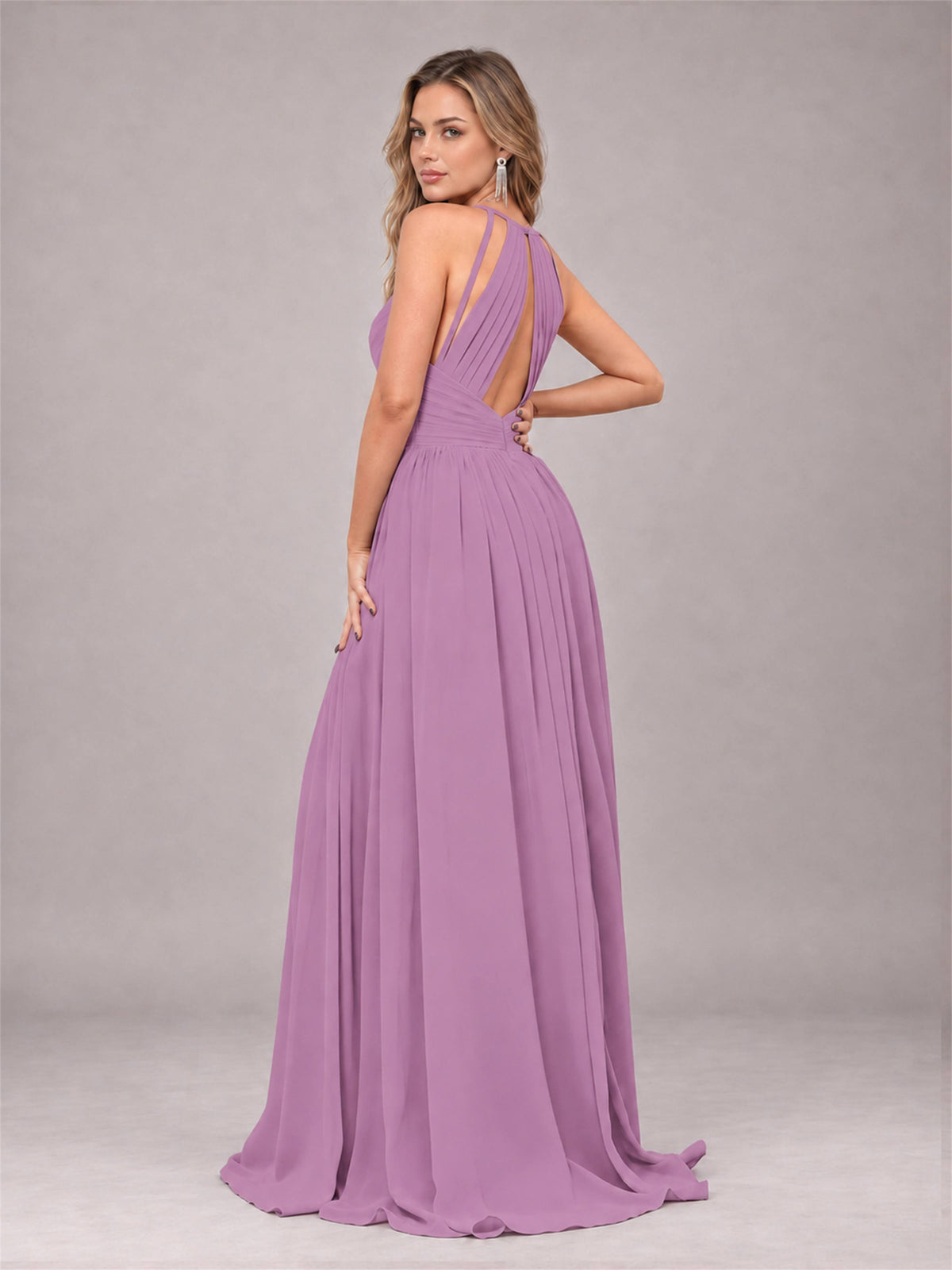 Dusty Purple Trendy V-Neck Spaghetti Straps Long Chiffon Bridesmaid Dress