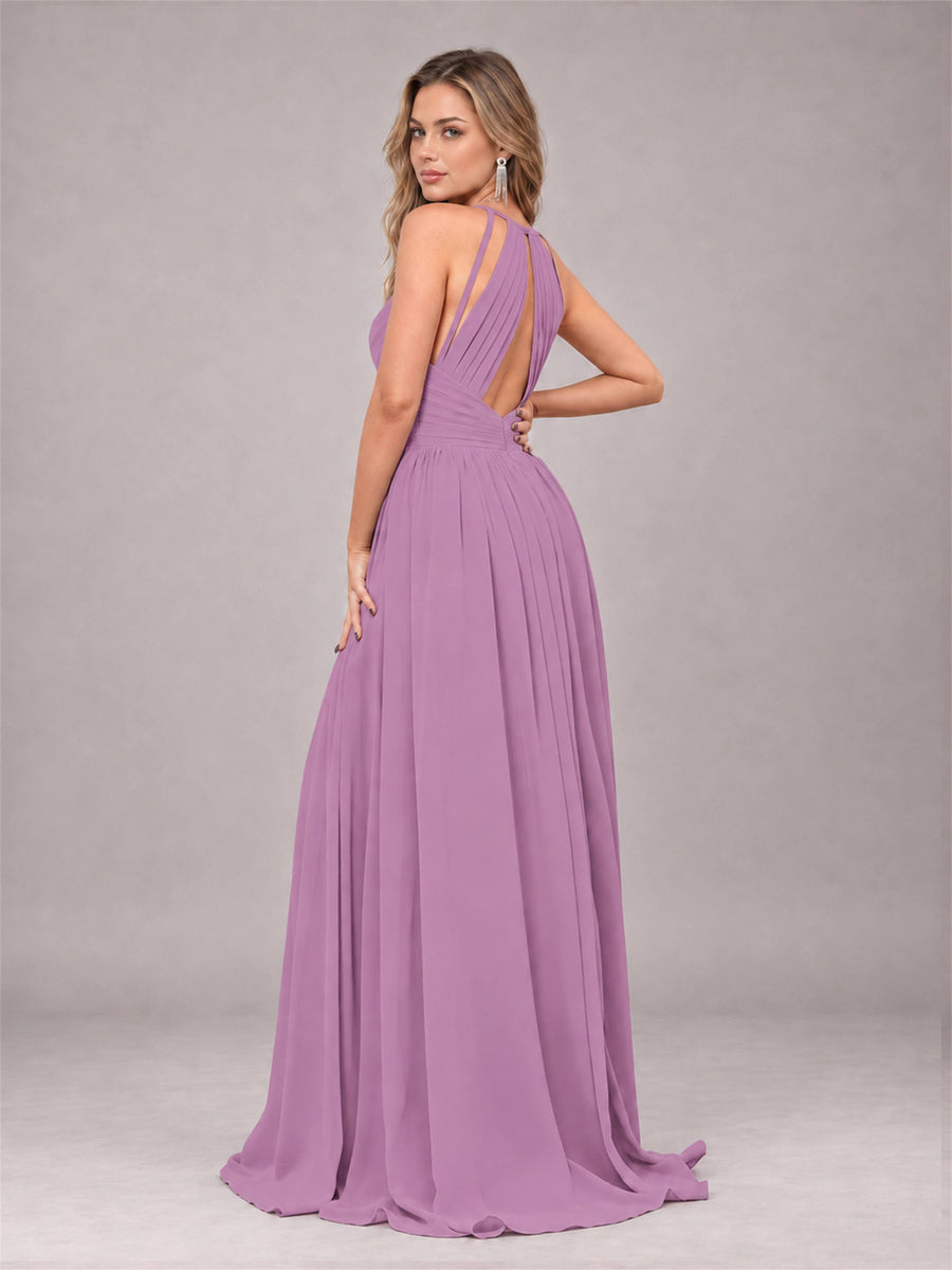Dusty Purple Trendy V-Neck Spaghetti Straps Long Chiffon Bridesmaid Dress