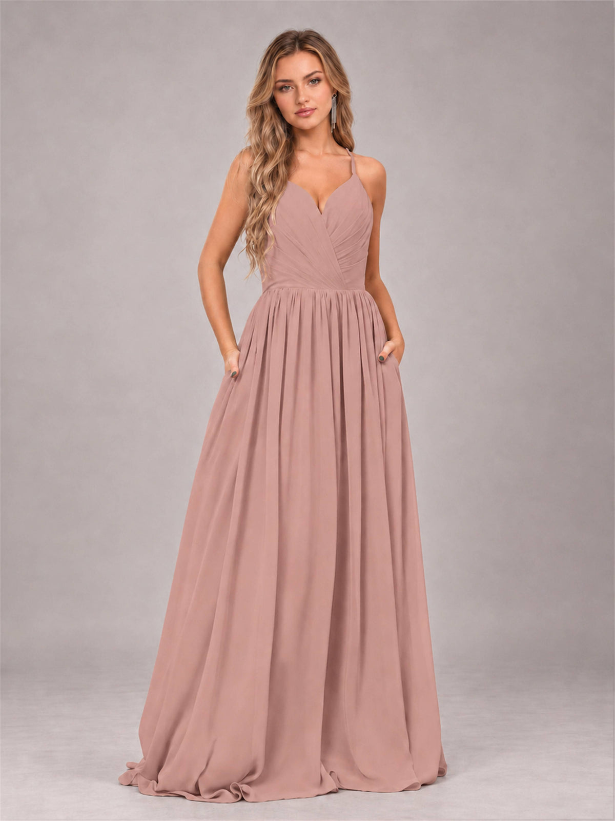 Dusty Rose Trendy V-Neck Spaghetti Straps Long Chiffon Bridesmaid Dress