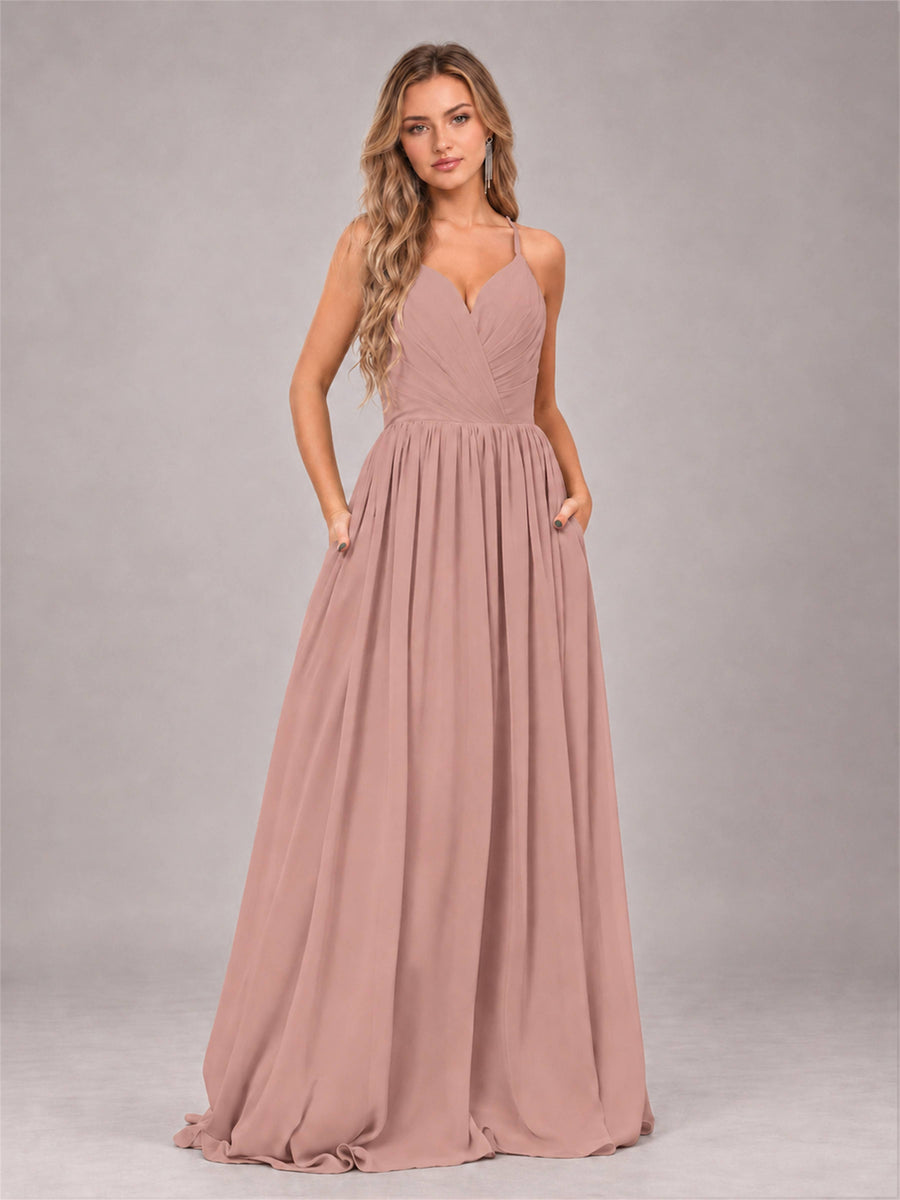 Dusty Rose Trendy V-Neck Spaghetti Straps Long Chiffon Bridesmaid Dress