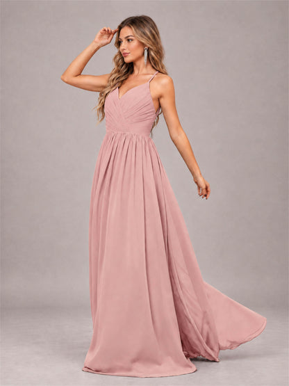 Dusty Rose Trendy V-Neck Spaghetti Straps Long Chiffon Bridesmaid Dress