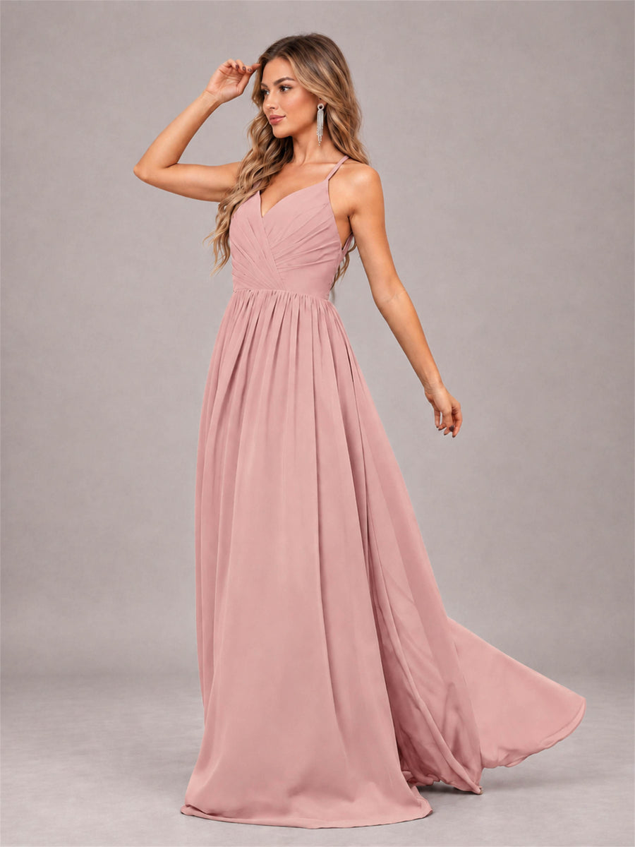 Dusty Rose Trendy V-Neck Spaghetti Straps Long Chiffon Bridesmaid Dress