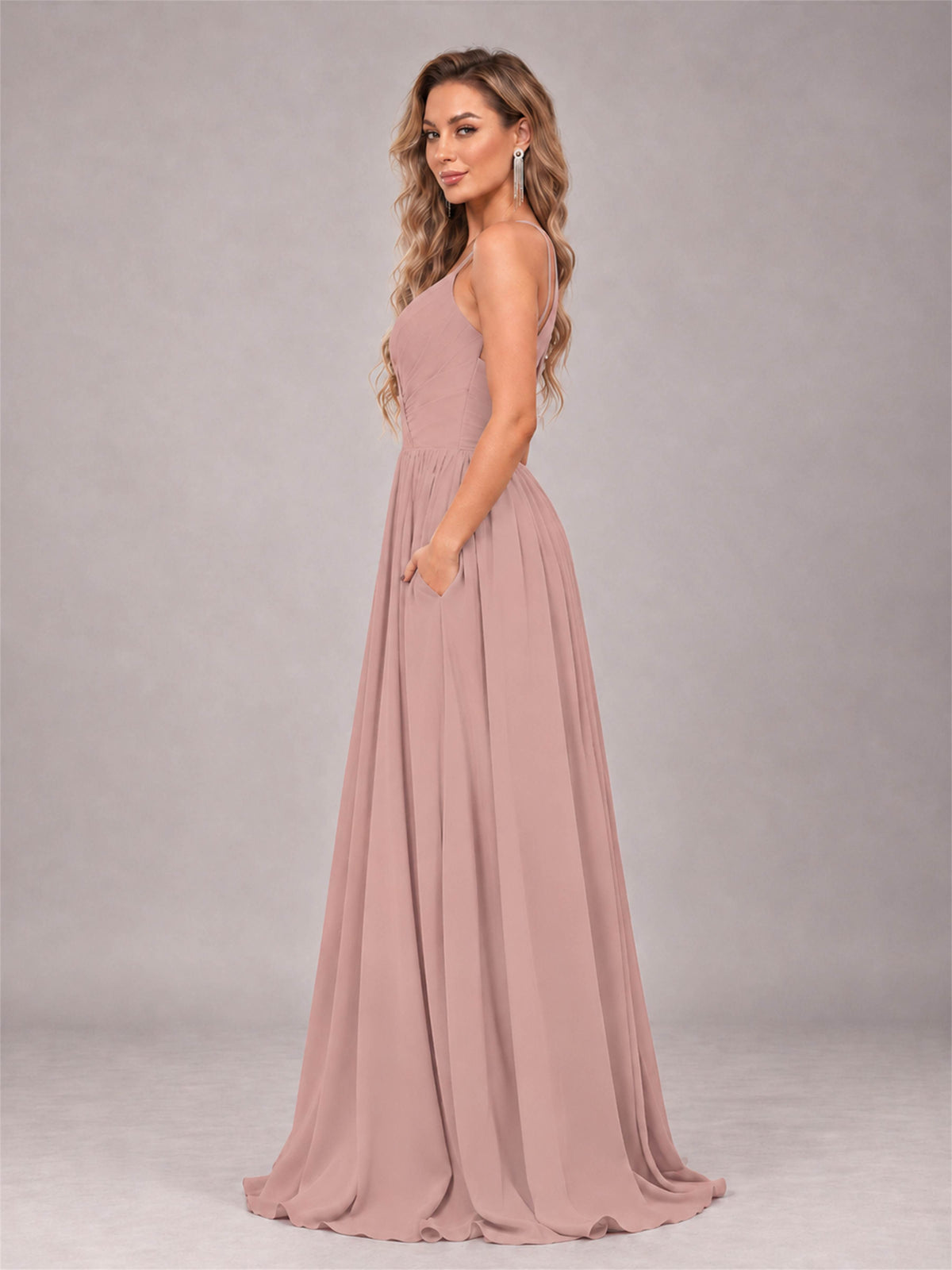 Dusty Rose Trendy V-Neck Spaghetti Straps Long Chiffon Bridesmaid Dress