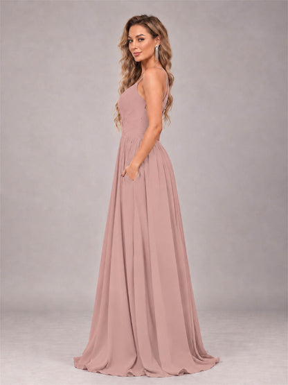 Dusty Rose Trendy V-Neck Spaghetti Straps Long Chiffon Bridesmaid Dress