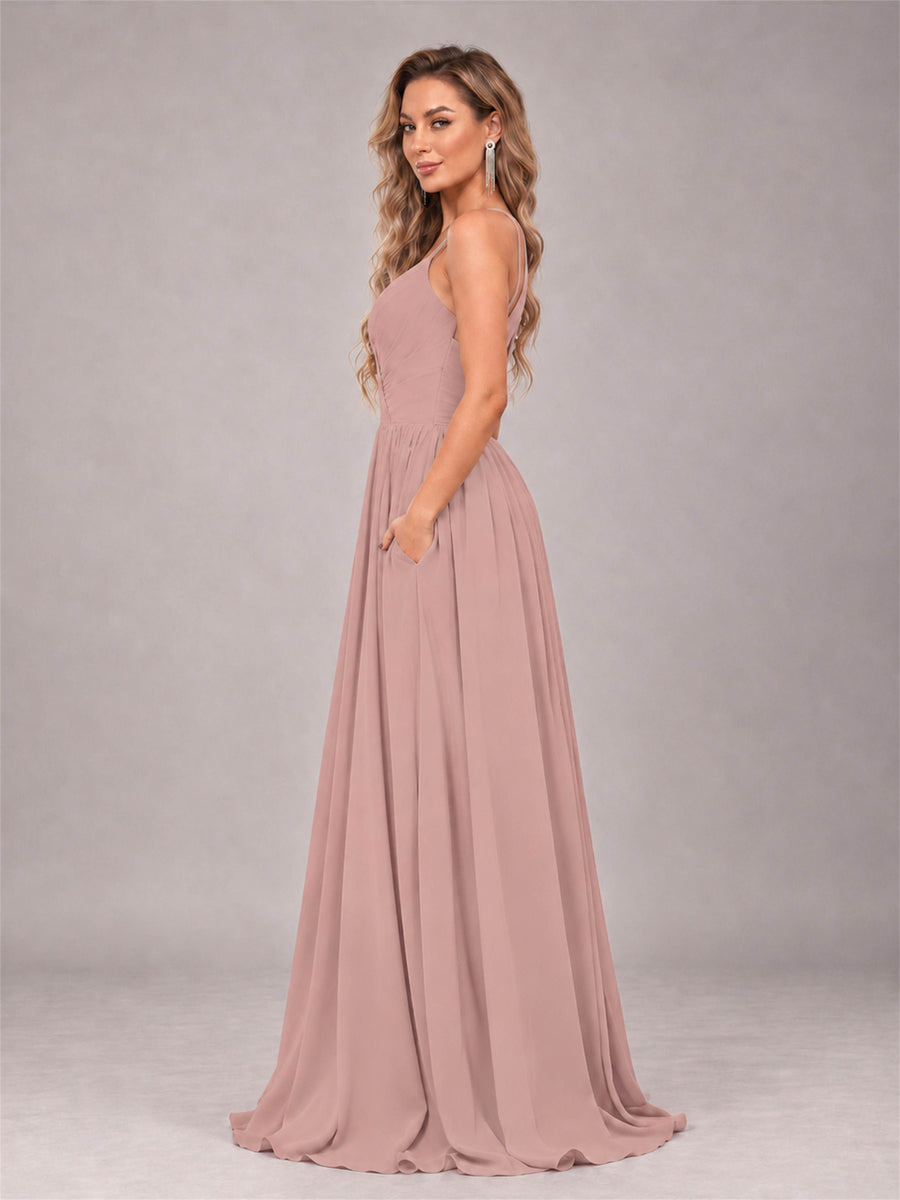 Dusty Rose Trendy V-Neck Spaghetti Straps Long Chiffon Bridesmaid Dress