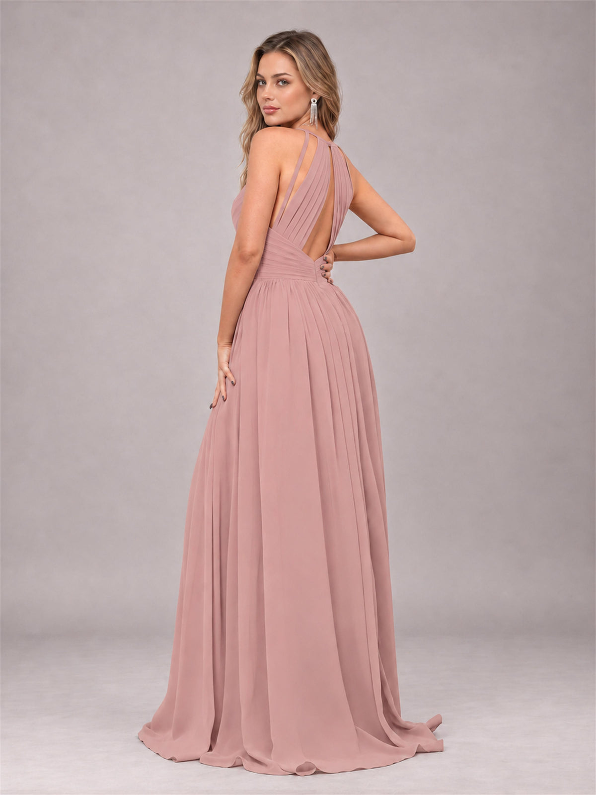 Dusty Rose Trendy V-Neck Spaghetti Straps Long Chiffon Bridesmaid Dress