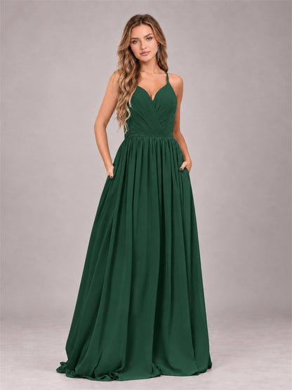 Emerald Green Trendy V-Neck Spaghetti Straps Long Chiffon Bridesmaid Dress