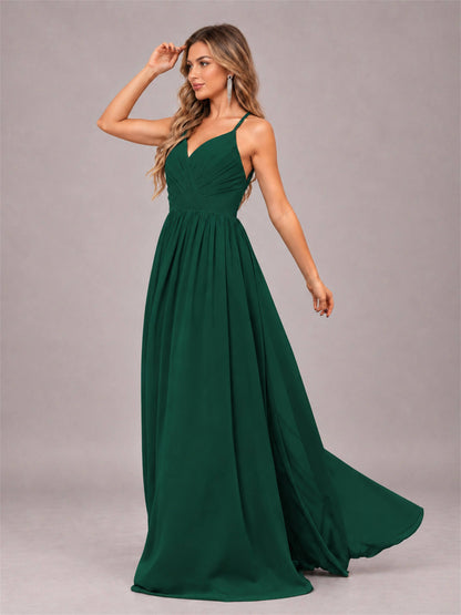 Emerald Green Trendy V-Neck Spaghetti Straps Long Chiffon Bridesmaid Dress