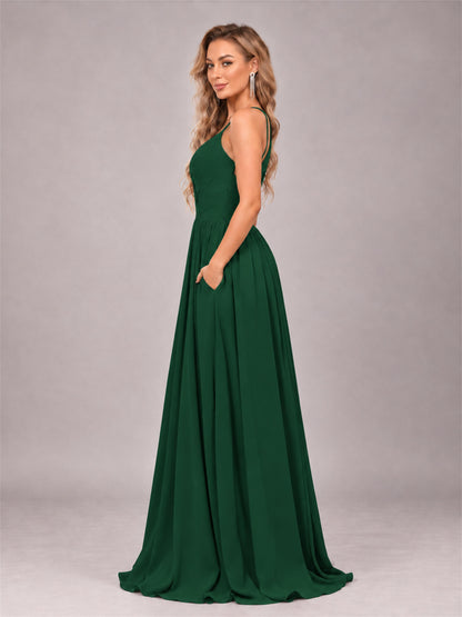 Emerald Green Trendy V-Neck Spaghetti Straps Long Chiffon Bridesmaid Dress