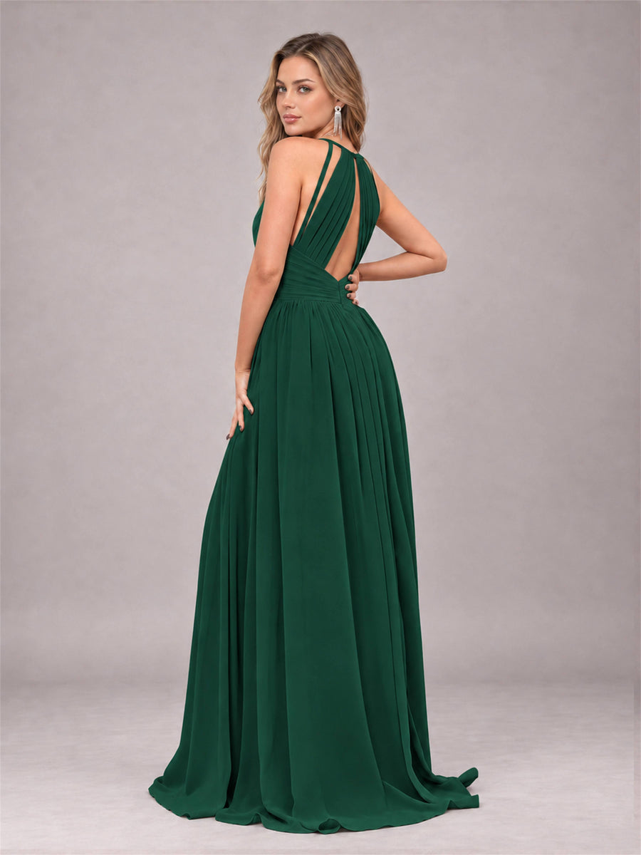 Emerald Green Trendy V-Neck Spaghetti Straps Long Chiffon Bridesmaid Dress