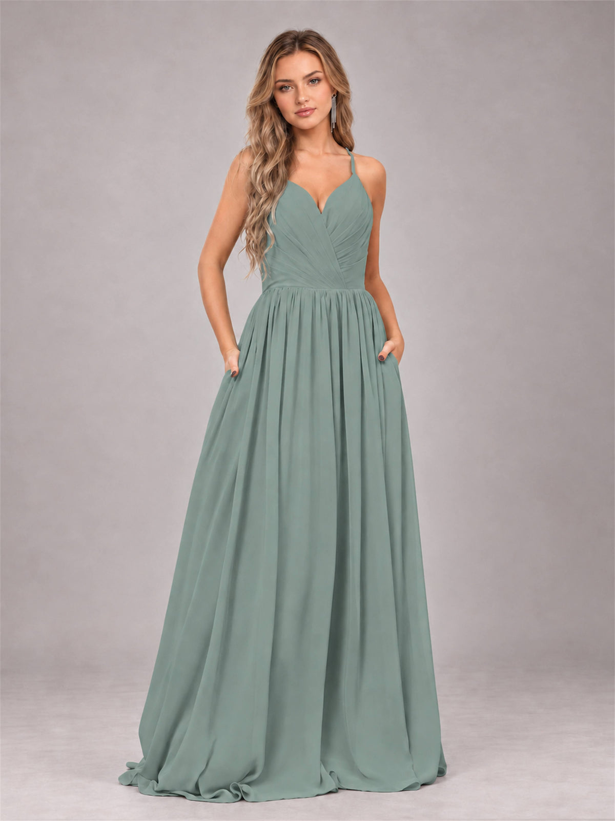 Eucalyptus Trendy V-Neck Spaghetti Straps Long Chiffon Bridesmaid Dress