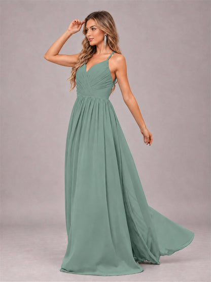 Eucalyptus Trendy V-Neck Spaghetti Straps Long Chiffon Bridesmaid Dress