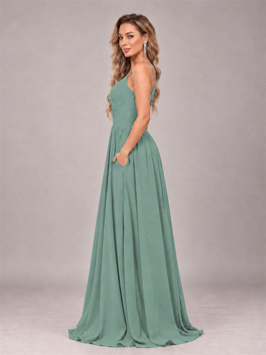 Eucalyptus Trendy V-Neck Spaghetti Straps Long Chiffon Bridesmaid Dress