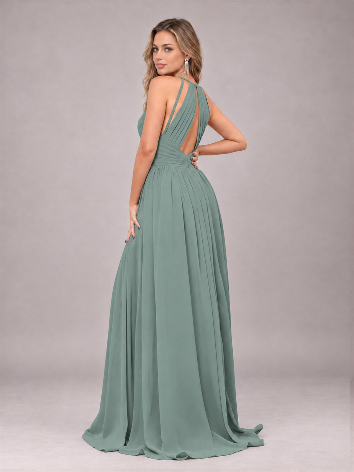 Eucalyptus Trendy V-Neck Spaghetti Straps Long Chiffon Bridesmaid Dress
