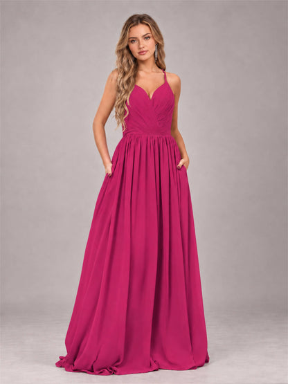 Fuchsia Trendy V-Neck Spaghetti Straps Long Chiffon Bridesmaid Dress