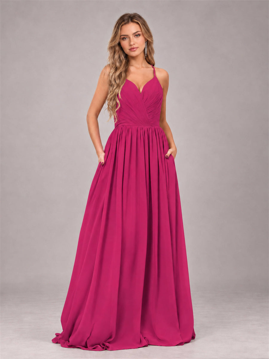 Fuchsia Trendy V-Neck Spaghetti Straps Long Chiffon Bridesmaid Dress