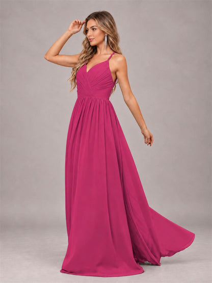Fuchsia Trendy V-Neck Spaghetti Straps Long Chiffon Bridesmaid Dress