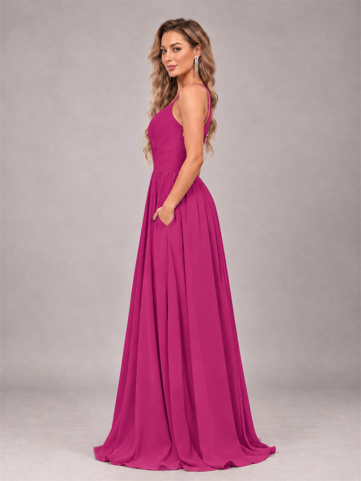 Fuchsia Trendy V-Neck Spaghetti Straps Long Chiffon Bridesmaid Dress