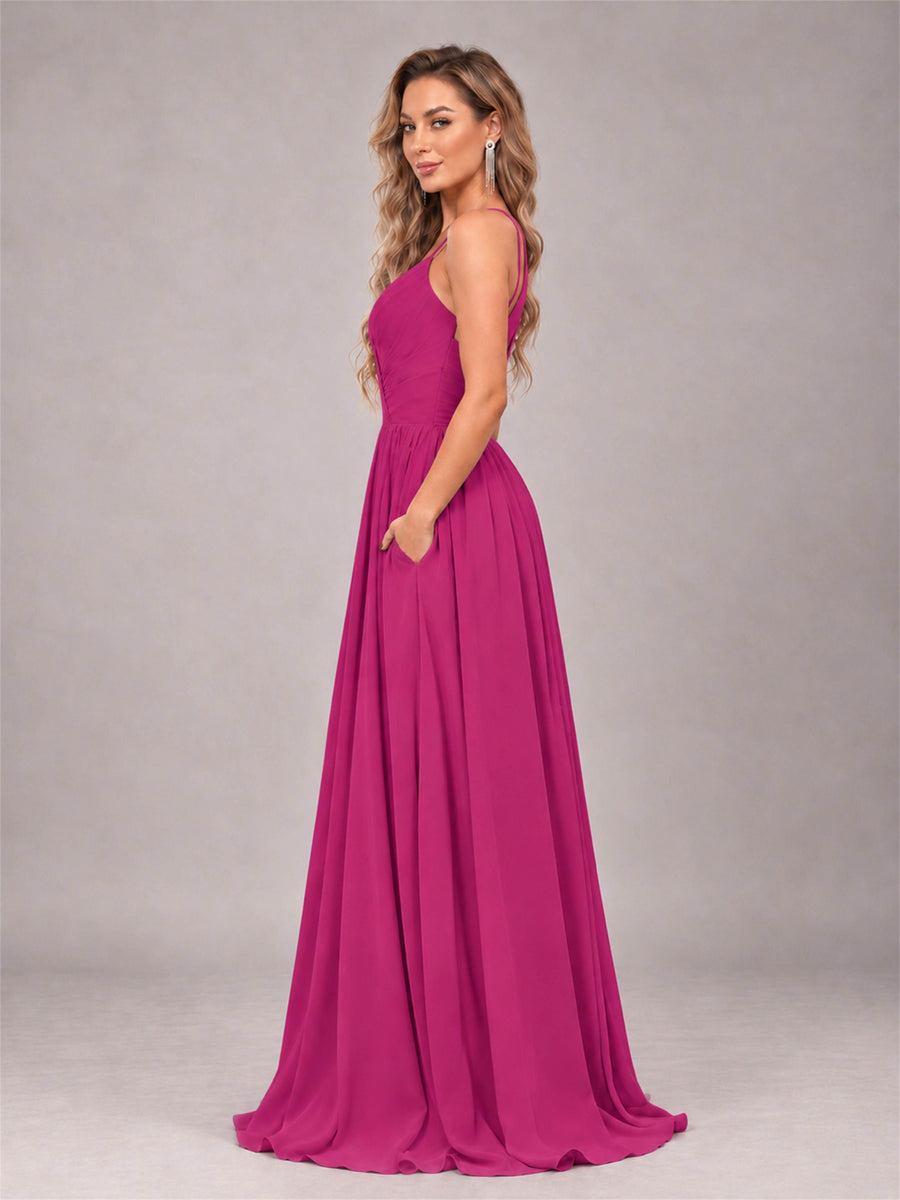 Fuchsia Trendy V-Neck Spaghetti Straps Long Chiffon Bridesmaid Dress