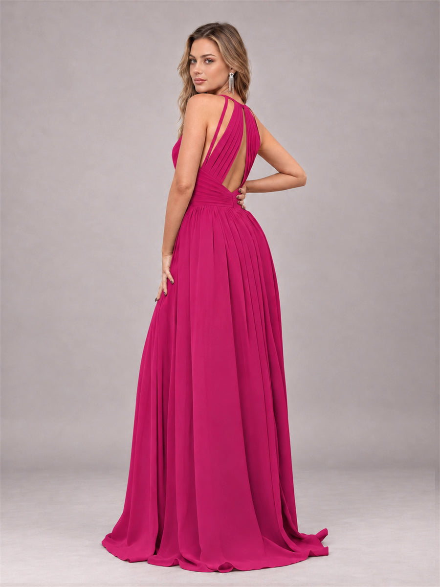 Fuchsia Trendy V-Neck Spaghetti Straps Long Chiffon Bridesmaid Dress