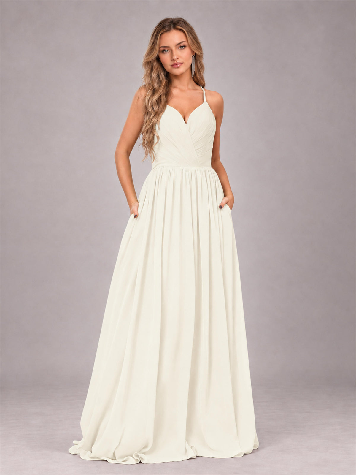 Ivory Trendy V-Neck Spaghetti Straps Long Chiffon Bridesmaid Dress