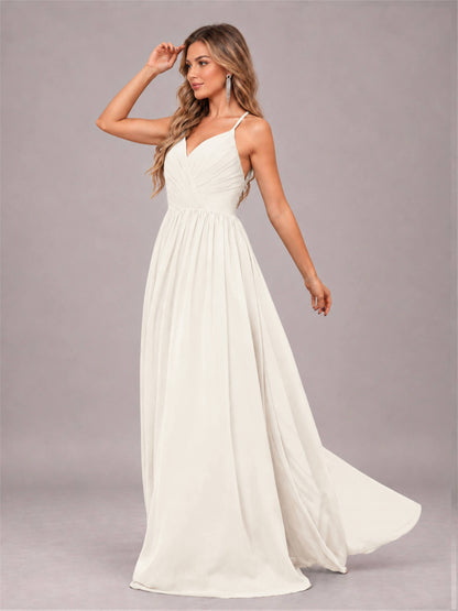 Ivory Trendy V-Neck Spaghetti Straps Long Chiffon Bridesmaid Dress