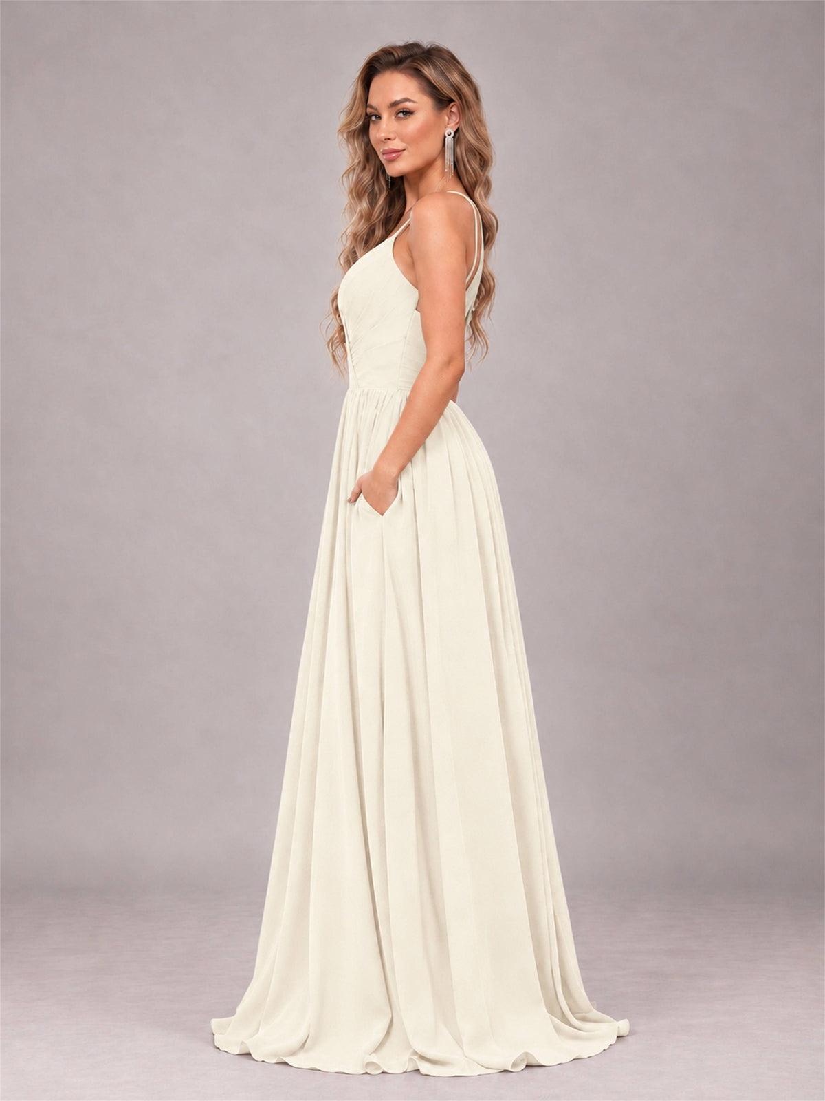 Ivory Trendy V-Neck Spaghetti Straps Long Chiffon Bridesmaid Dress