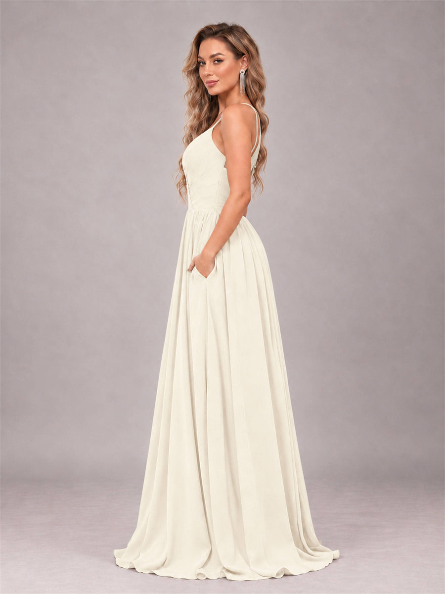 Ivory Trendy V-Neck Spaghetti Straps Long Chiffon Bridesmaid Dress