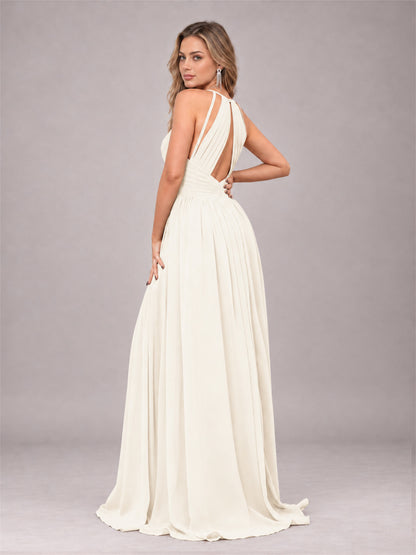 Ivory Trendy V-Neck Spaghetti Straps Long Chiffon Bridesmaid Dress