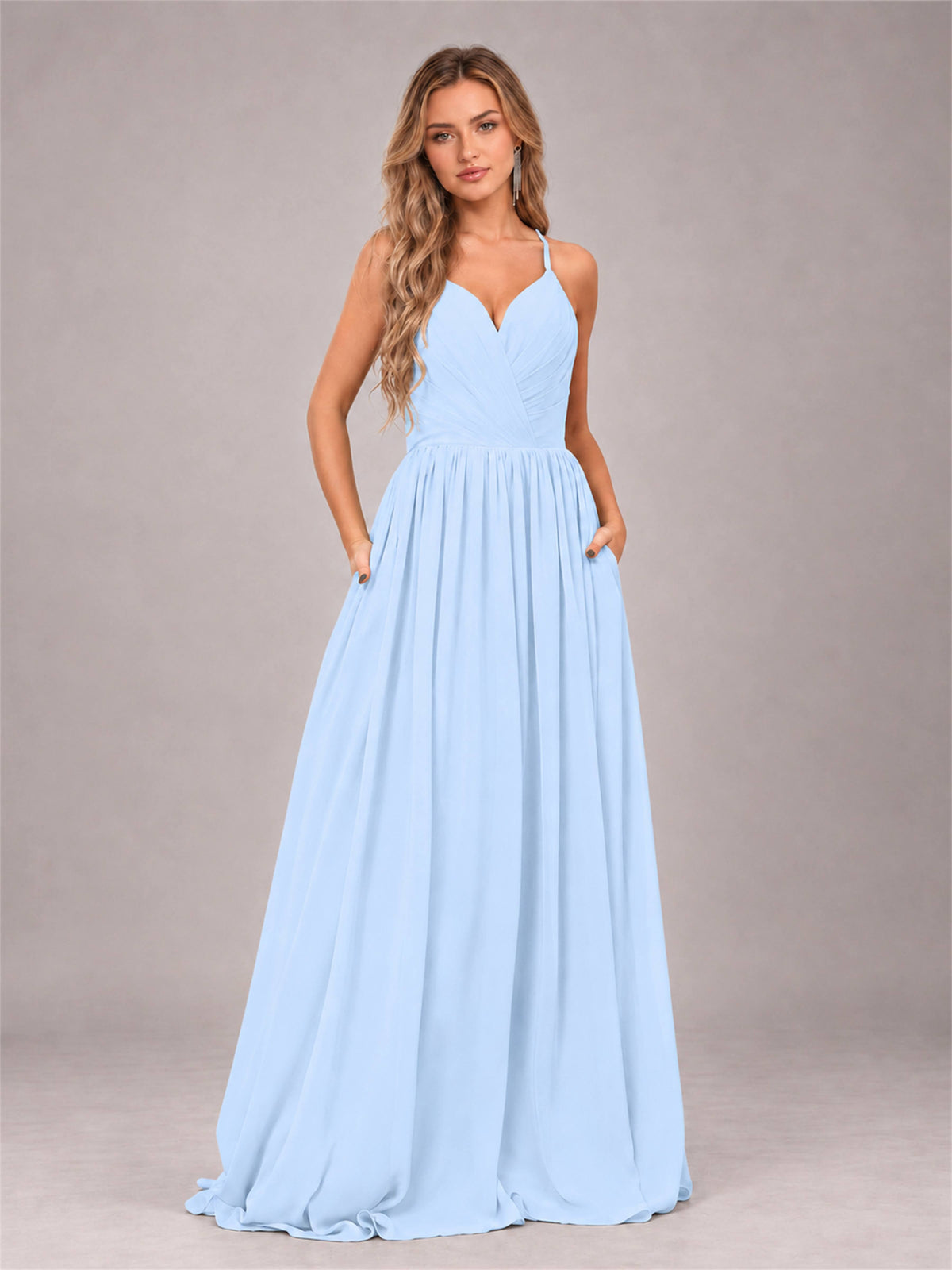 Light Blue Trendy V-Neck Spaghetti Straps Long Chiffon Bridesmaid Dress