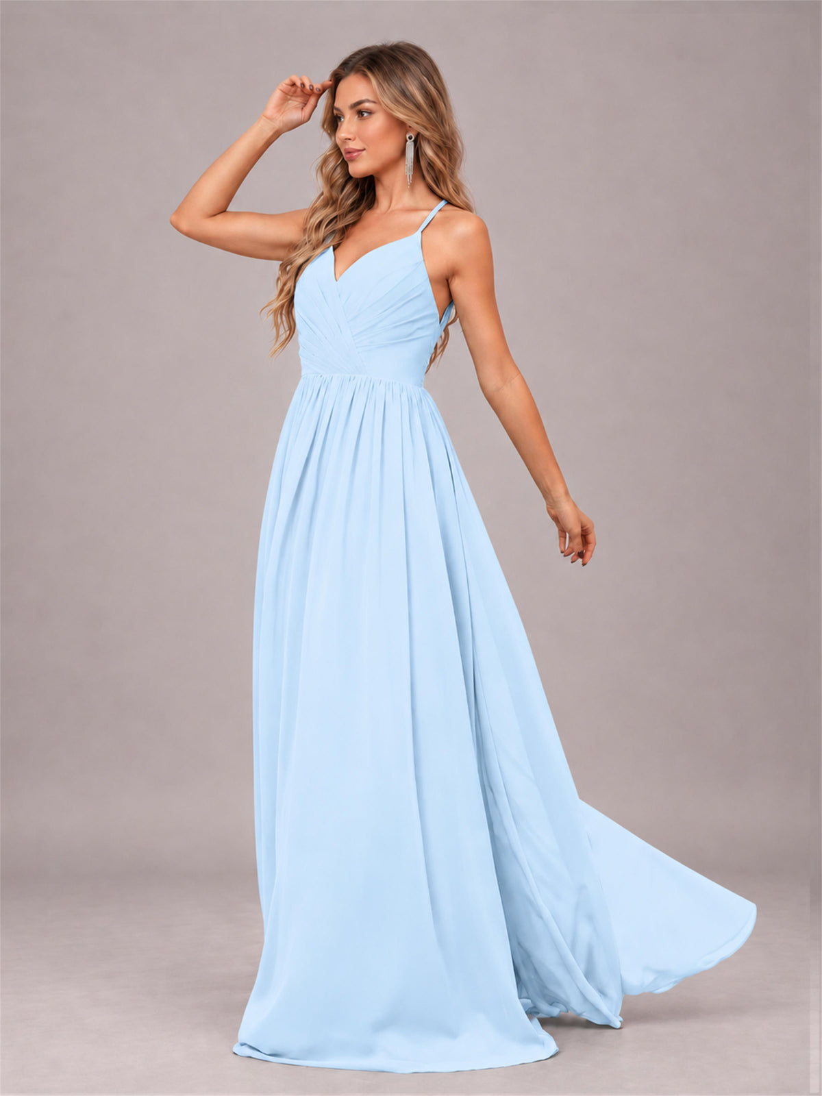 Light Blue Trendy V-Neck Spaghetti Straps Long Chiffon Bridesmaid Dress