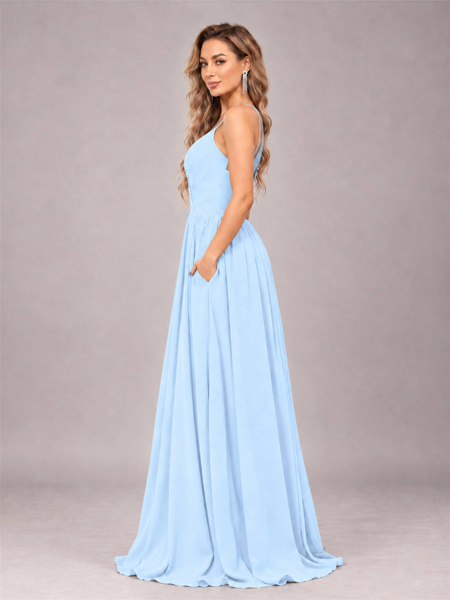 Light Blue Trendy V-Neck Spaghetti Straps Long Chiffon Bridesmaid Dress