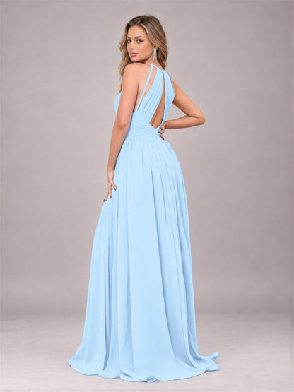 Light Blue Trendy V-Neck Spaghetti Straps Long Chiffon Bridesmaid Dress