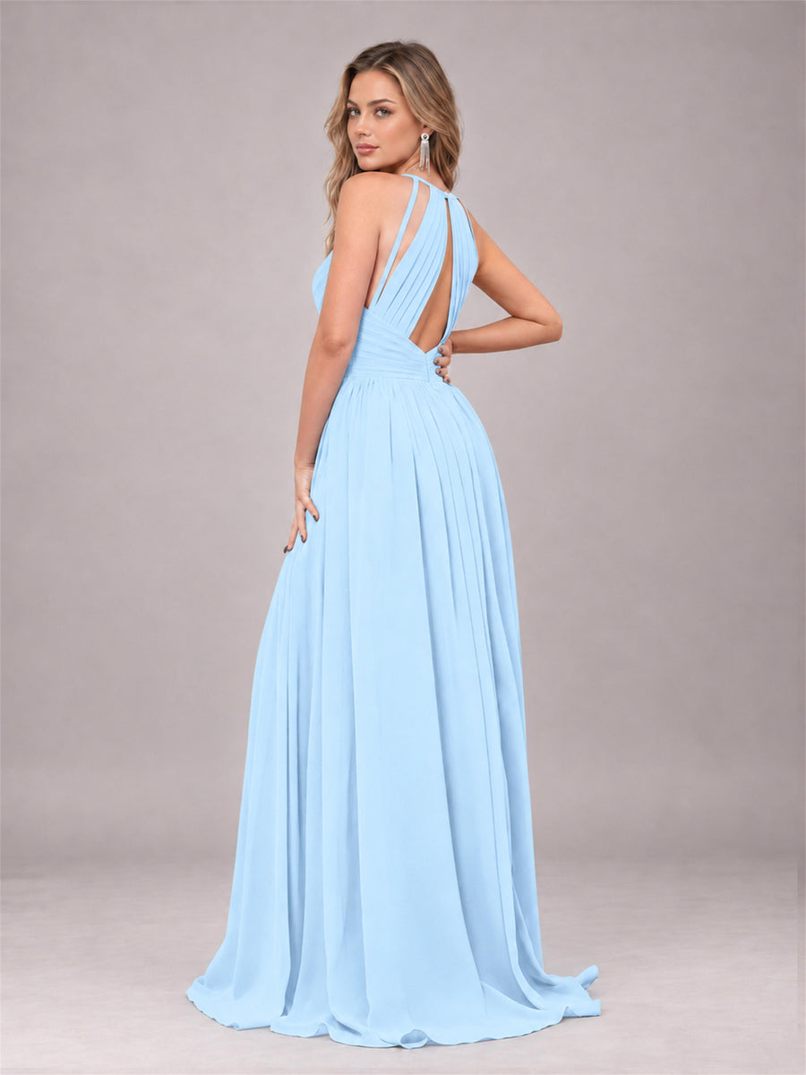Light Blue Trendy V-Neck Spaghetti Straps Long Chiffon Bridesmaid Dress