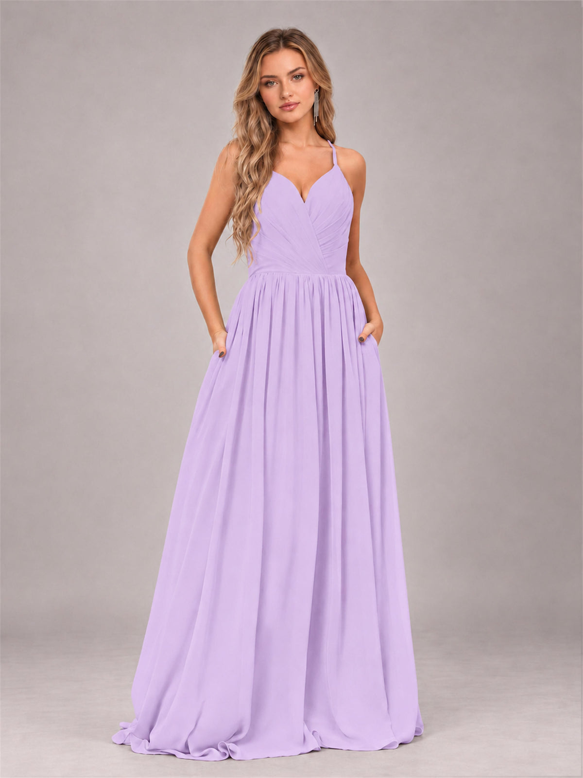 Lilac Trendy V-Neck Spaghetti Straps Long Chiffon Bridesmaid Dress