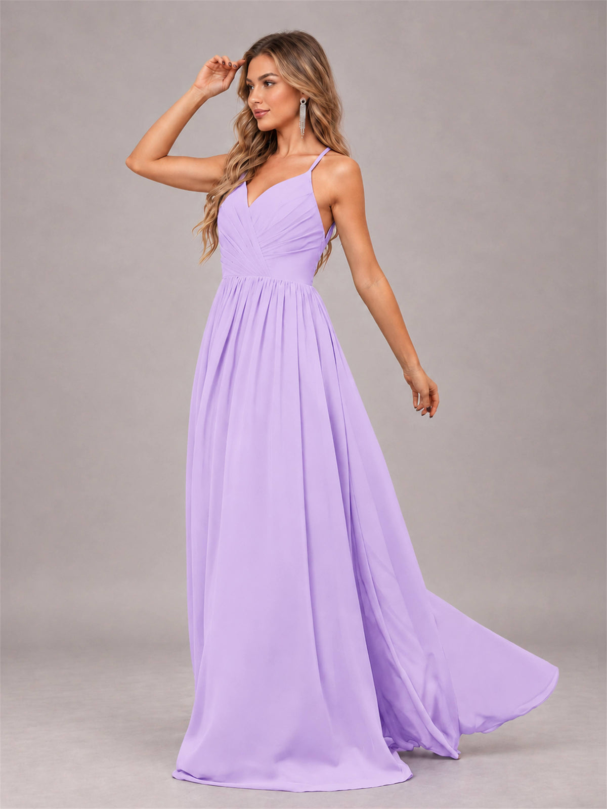 Lilac Trendy V-Neck Spaghetti Straps Long Chiffon Bridesmaid Dress