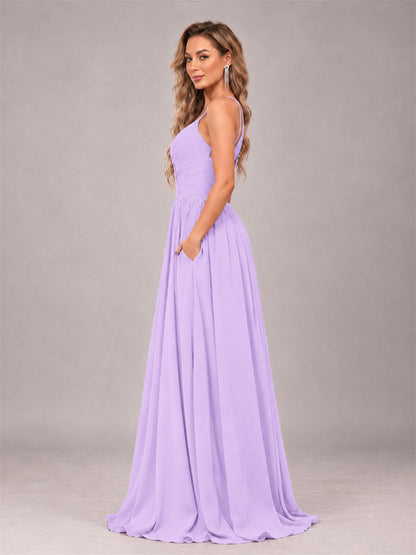 Lilac Trendy V-Neck Spaghetti Straps Long Chiffon Bridesmaid Dress