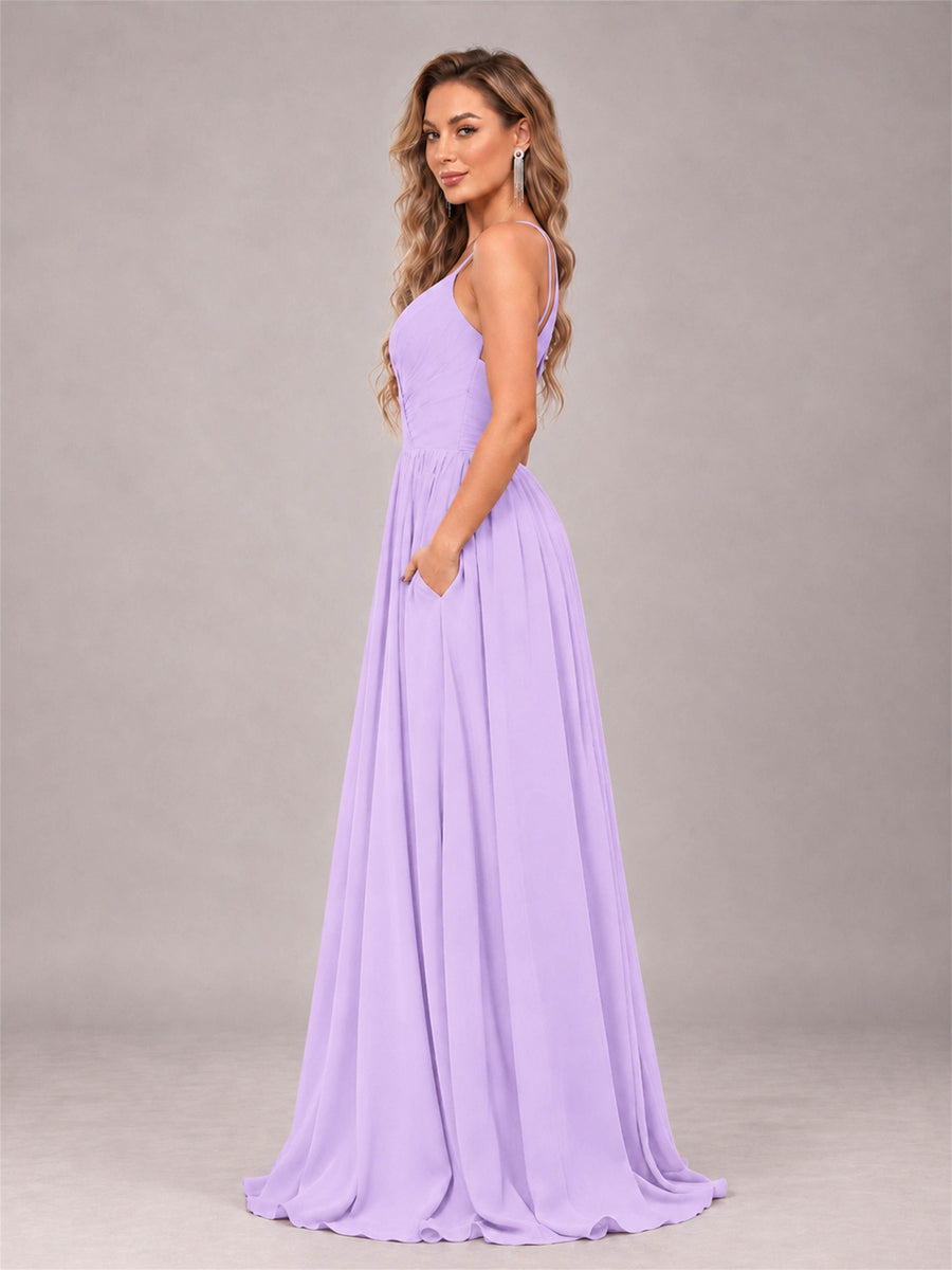 Lilac Trendy V-Neck Spaghetti Straps Long Chiffon Bridesmaid Dress