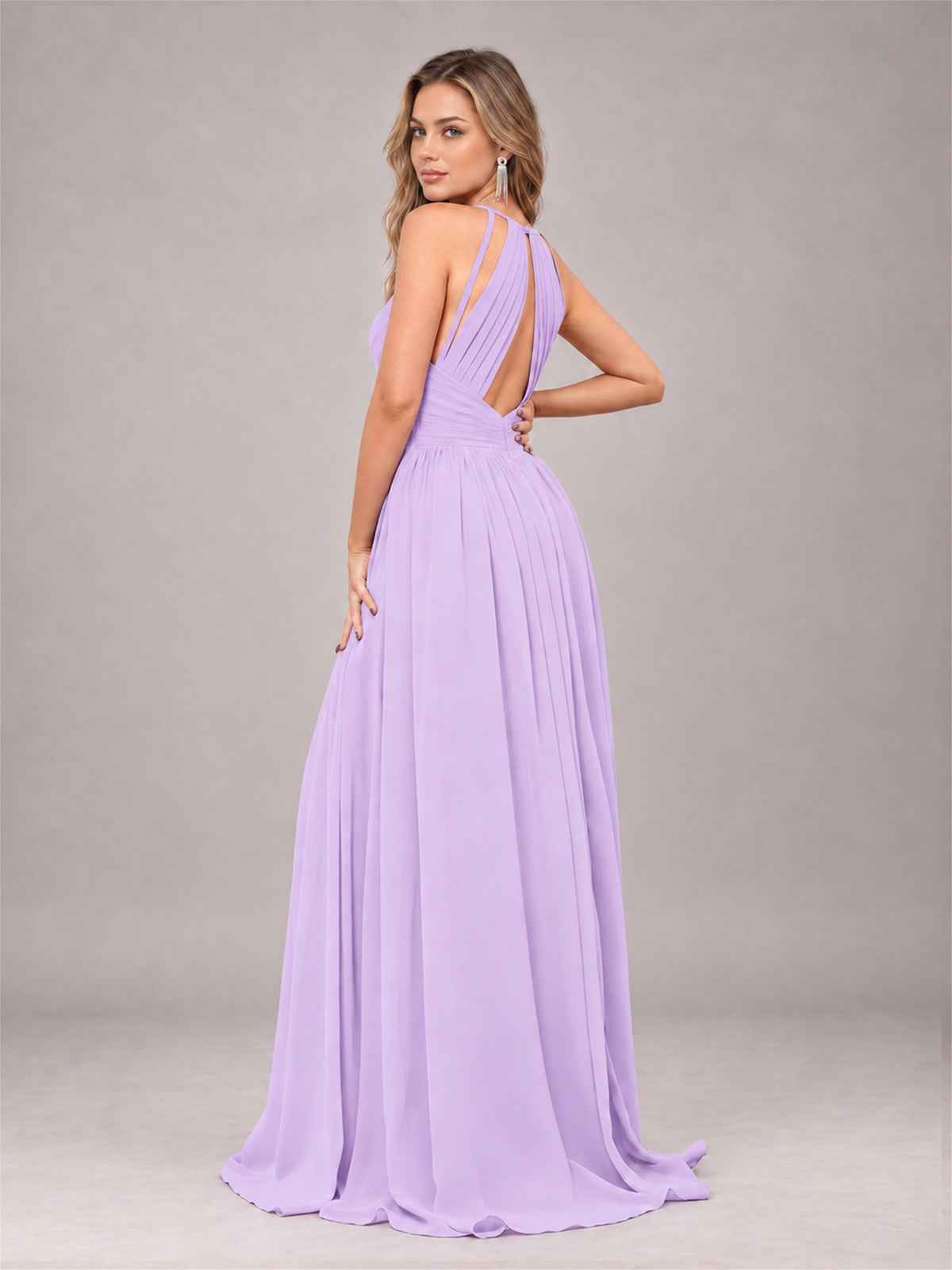 Lilac Trendy V-Neck Spaghetti Straps Long Chiffon Bridesmaid Dress