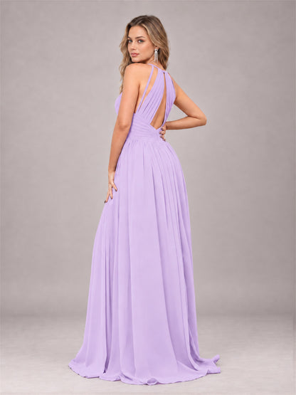Lilac Trendy V-Neck Spaghetti Straps Long Chiffon Bridesmaid Dress