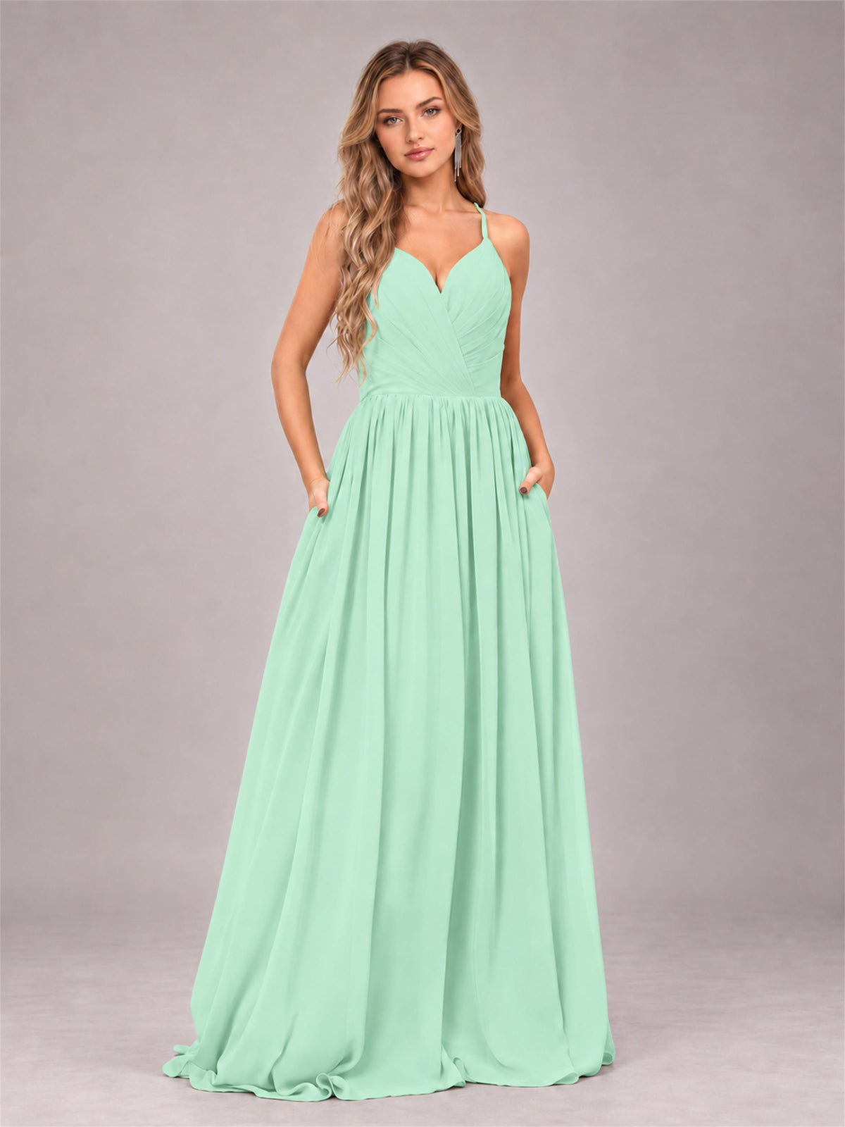 Mint Green Trendy V-Neck Spaghetti Straps Long Chiffon Bridesmaid Dress
