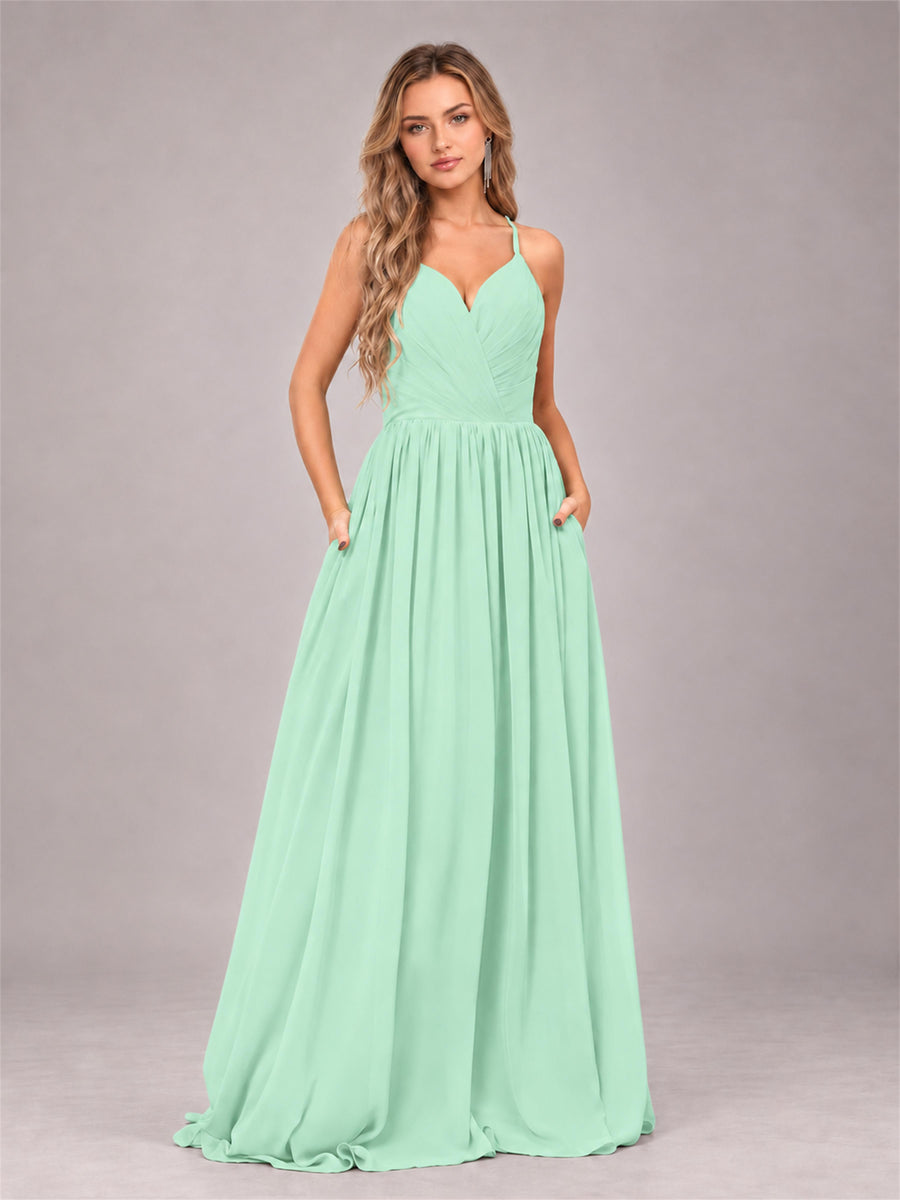 Mint Green Trendy V-Neck Spaghetti Straps Long Chiffon Bridesmaid Dress